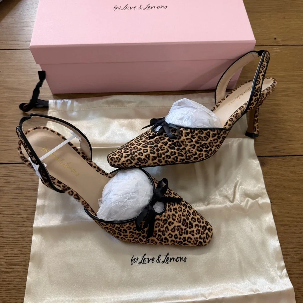 For Love & Lemons Lyana Leopard Print Slingback Kitten Heels Bow Pointed Toe 37